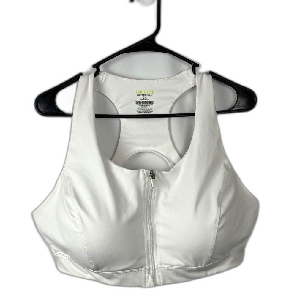 Tek Gear Zip Front Sports Bra Lot of 2 Plus Size 2X White Racerback Wireless EUC